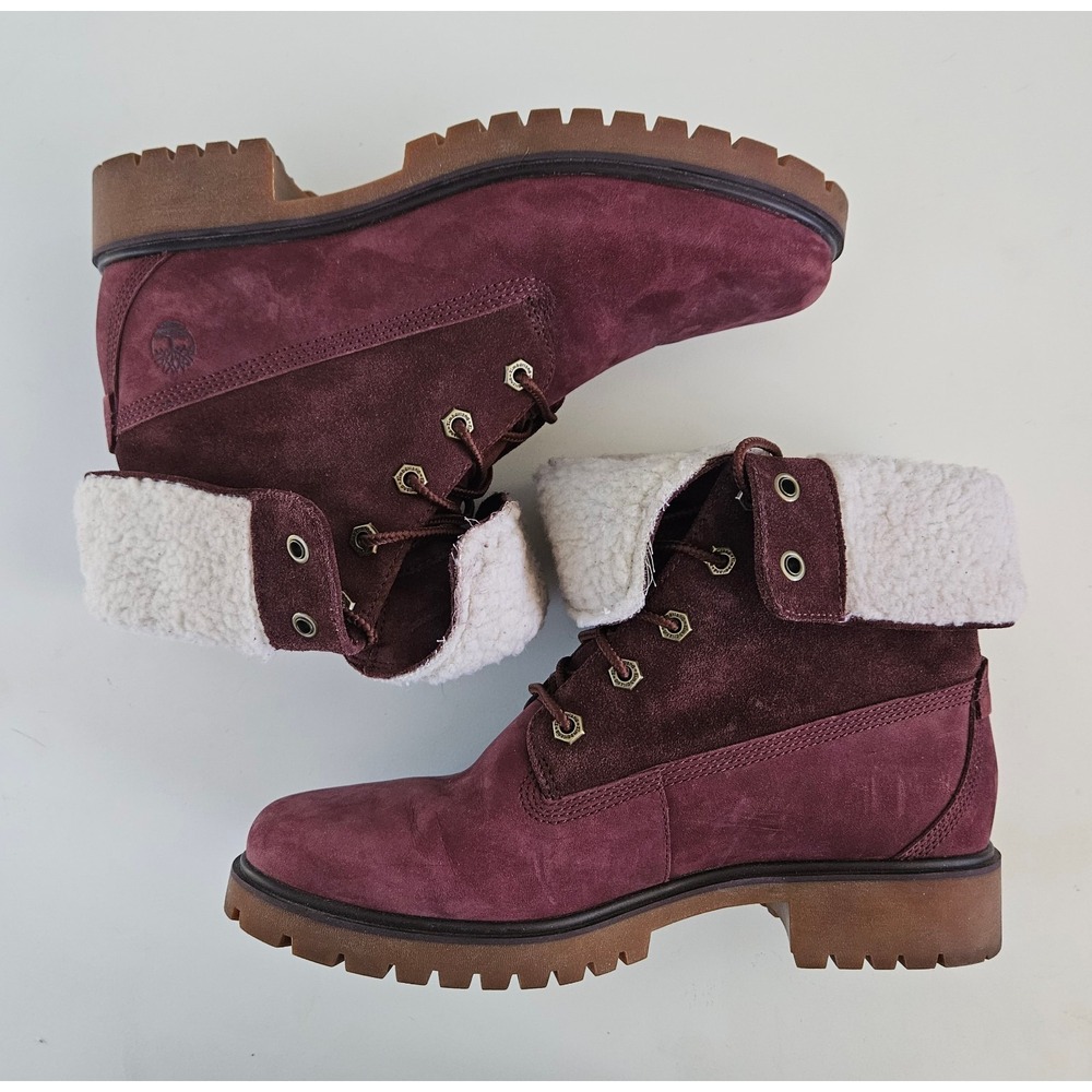 Timberland Jayne Fleece Fold Down Boots Woman's 8.5 Burgundy Suede Waterproof
